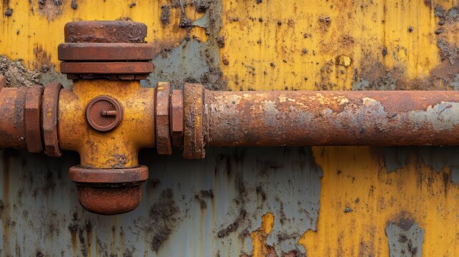 Close-up of heavily rusted industrial pipe with flaking paint and textured metal surface