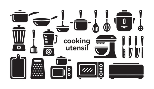 Professional cooking utensil icons collection with modern appliances and kitchen hardware.