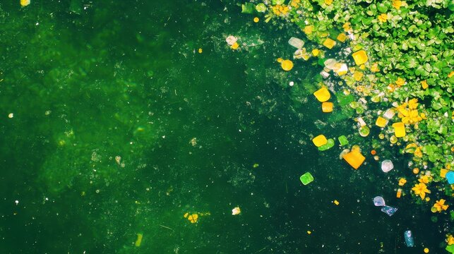 Colorful Plastic Debris Floating on the Surface of a Polluted Suburban Pond