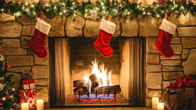Cozy stone fireplace adorned with Christmas stockings and festive garland, illuminated by warm candlelight glow
