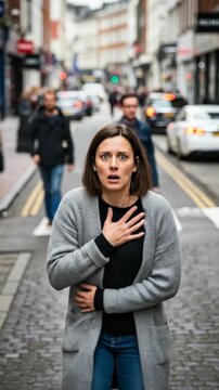A woman experiencing a severe panic attack, acute anxiety and overwhelming fear, dealing with mental health challenges in a crowded city street, urban pressure, emotional turmoil, distress