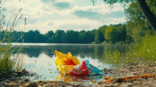 Discarded plastic pollution floats near the shore of a lake, a stark reminder of environmental damage