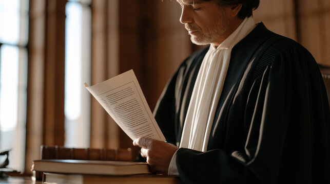 Judge in modern courtroom chambers reviewing printed AI legal research brief alongside traditional case books, comparing algorithmic citation ranking methodology with established