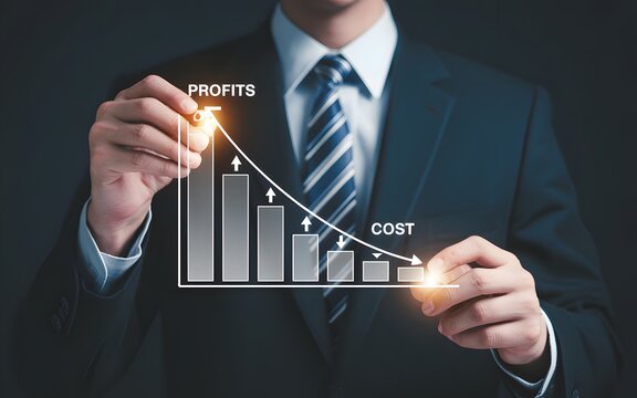 Businessman in a suit analyzing a graph showing increasing profits and decreasing costs.