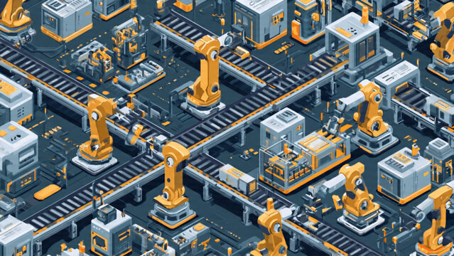Futuristic robot factory with robotic arms and assembly lines in a high-tech environment