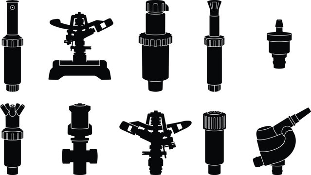 Collection of irrigation sprinkler silhouettes featuring spray nozzles, heads, fittings, and pipe connectors