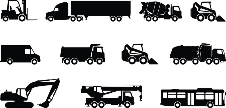 Collection of transport vehicle silhouettes featuring trucks, vans, forklifts, buses, and construction machinery