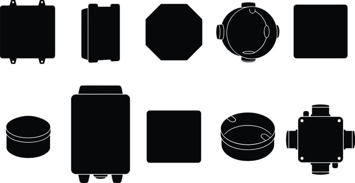 Collection of industrial cabinet silhouettes featuring enclosures, server racks, control boxes, and storage frames