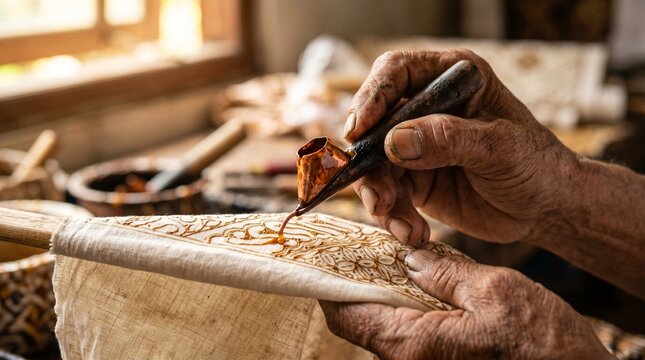 Artisan meticulously crafts intricate patterns on fabric using traditional batik dyeing techniques in a sunlit workshop