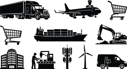 Obraz premium Collection of logistics and industrial silhouettes with vehicles, drones, ships, cranes, and warehouse equipment