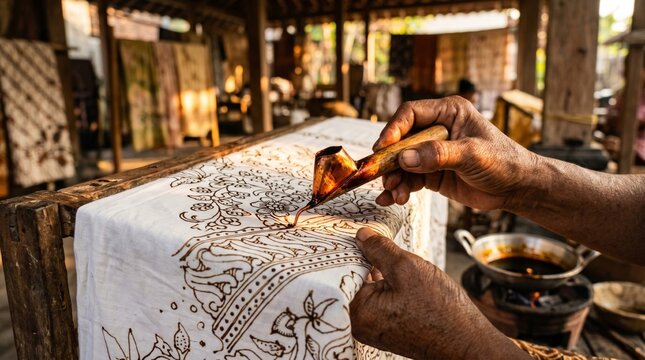 Indonesian female artisan master hand painting traditional batik fabric using wax and canting tool in workshop