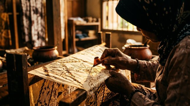 Traditional Indonesian Batik Hand Making Process with Canting Tool and Wax on Fabric in a Cultural Workshop