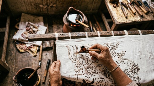 Traditional Indonesian Batik Artist Applying Hot Wax with Canting Tool