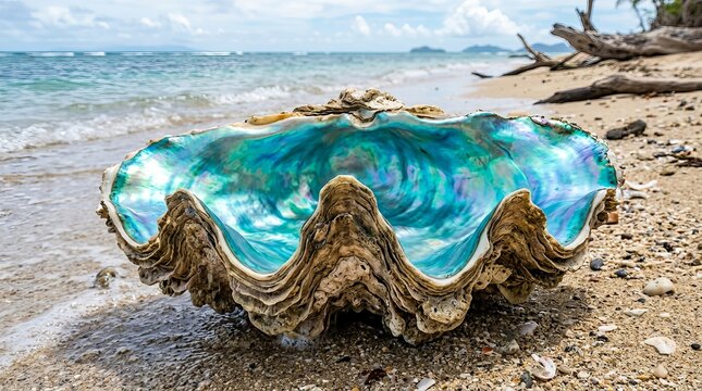 Iridescent giant clam shell rests on a sunlit sandy beach with gentle ocean waves in the background.