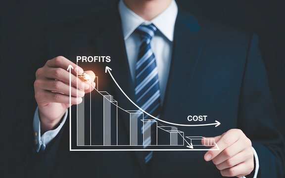 Businessman in a suit analyzing a graph showing increasing profits and decreasing costs.