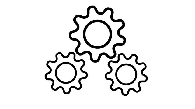 Animated gears icon. Spinning cogwheels line animation. Operating system. Teamwork efficiency and productivity. Black illustration on white background. HD video with alpha channel. Motion graphic