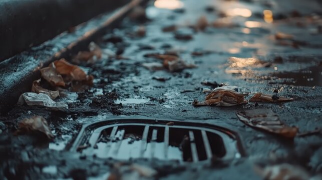 Garbage Piling Up Near Storm Drain After Heavy Rainfall, Close-Up Detail