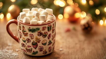 Fototapeta premium Festive Christmas Hot Chocolate Overflowing with Marshmallows in a Holiday Mug with Soft Bokeh Lights