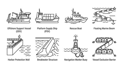 Fototapeta premium Set of clean line vector illustrations depicting various marine and offshore support vessels and structures