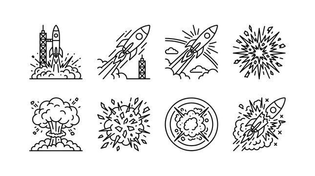 Collection of line art vector graphic illustrations depicting rockets launching and explosions in space and atmosphere