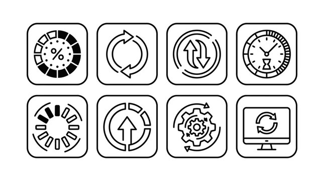 Set of eight circular loading and progress indicator vector graphic icons with diverse modern designs