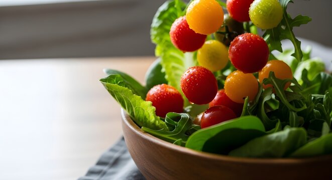 Close-up of a vibrant, healthy salad with fresh cherry tomatoes and leafy greens tumbling into a wooden bowl.