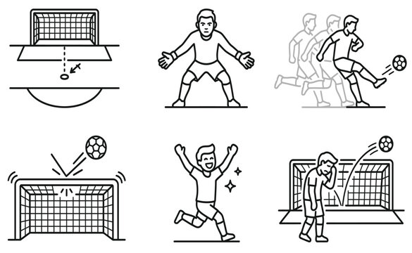 Professional soccer athlete vector graphic set showing various gameplay actions in clean black line art style