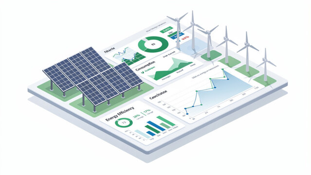 Renewable energy source scene featuring solar panels, wind turbines, and data charts