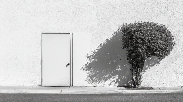 Minimalist monochrome exterior scene featuring a white door, textured wall, and dappled plant shadow