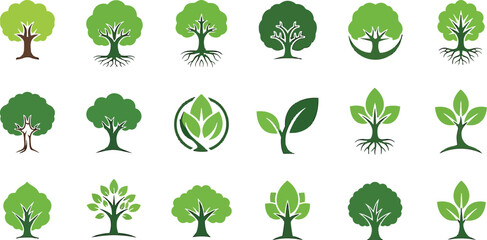 Fototapeta premium Set of green tree icons with roots and leaves for nature conservation and environmental sustainability design projects