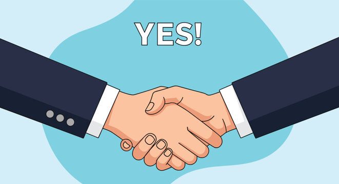 Successful business handshake between two professionals in suits features the word yes on a light blue background.