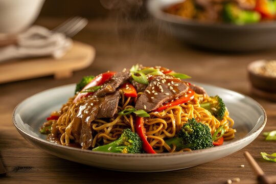 Delicious beef stir fry with vegetables on a plate