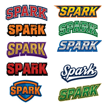 Collection of various 'Spark' wordmark logo designs in different styles and colors, suitable for branding and sports teams.
