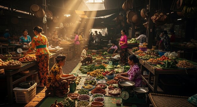 Traditional Indonesian Market Vendors Wearing Batik Clothing Selling Fresh Produce with Atmospheric Sunlight