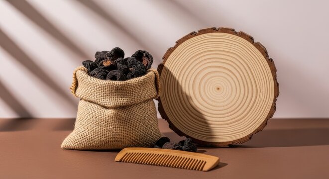 Dried amla berries in a burlap sack with a wooden comb and a tree slice on a brown background