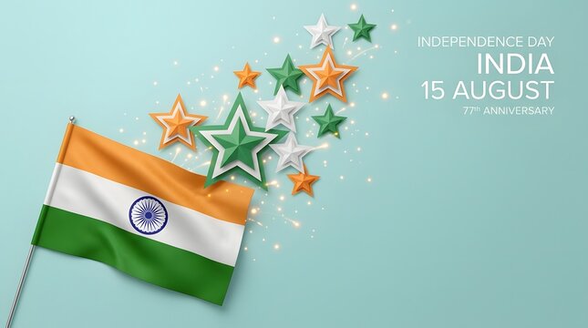 Indian independence day celebration with flag and stars on light blue background