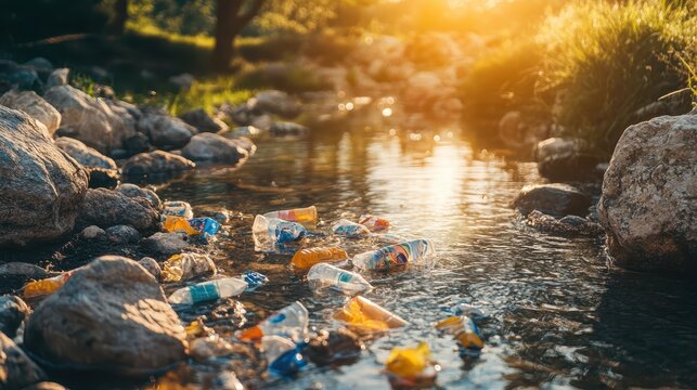 Plastic bottles and wrappers polluting a small flowing stream in natural sunlight