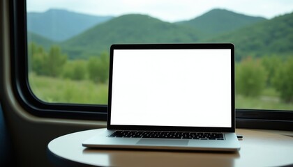 Fototapeta premium Laptop sits on table inside train car with view of green rolling hills. Person works remotely on computer during travel with blank screen. Scenic landscape outside window.