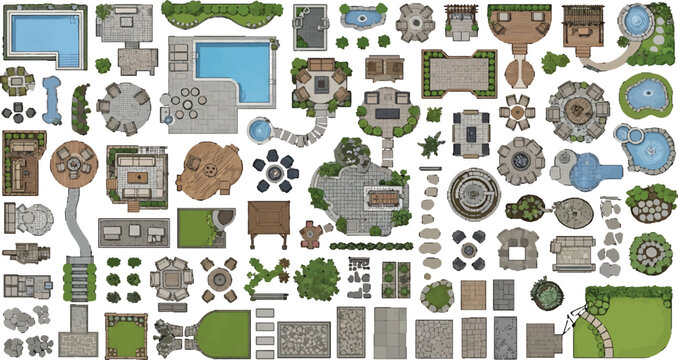 Top down view garden landscape design elements set with swimming pools patios and outdoor furniture vector illustration