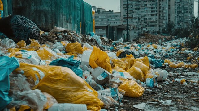 Overflowing Garbage Dumpster Behind Urban Grocery Store with Rotting Produce and Colorful Wrappers