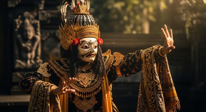 Traditional Balinese Topeng Dancer Performing Ritual Dance in Ornate Gold Costume at Ancient Indonesian Temple Grounds