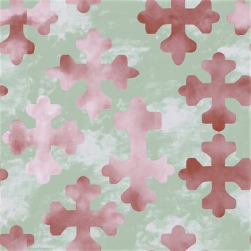 Watercolor armenian cross seamless pattern in soft green and pink