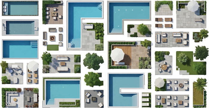 Top view swimming pool and patio furniture set for landscape design planning and architectural site layout vector