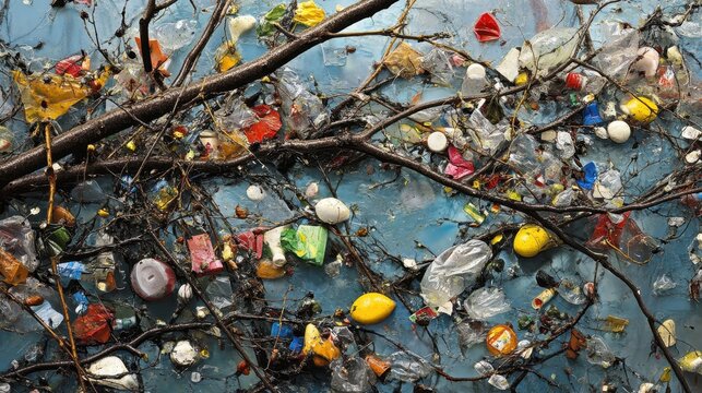 Plastic Pollution Accumulates on Tree Branches After Storm Near Urban Street