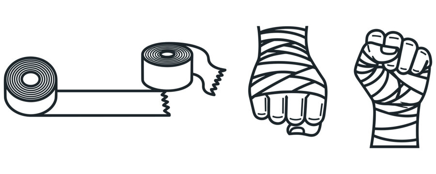 Set of outline hand wrap icons for boxing martial arts or combat training.