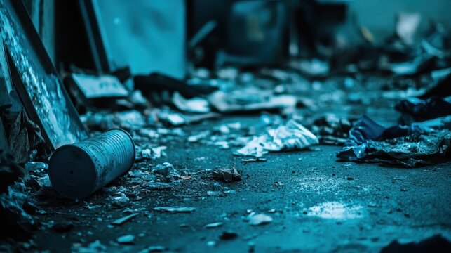 Urban Recycling Depot with Scattered Waste Materials Under Moody Blue Lighting