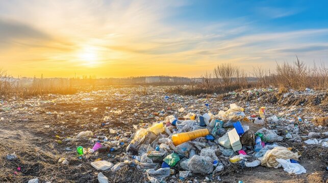 Rural landscape marred by environmental pollution and overflowing waste under a clear sky at sunset.