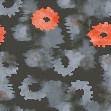Abstract coptic ink bleed seamless pattern in orange and grey