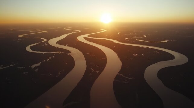 Serene sunset illuminates vast horizon over winding river system viewed from aerial perspective