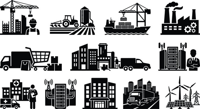Collection of logistics and industrial silhouettes with vehicles, drones, ships, cranes, and warehouse equipment